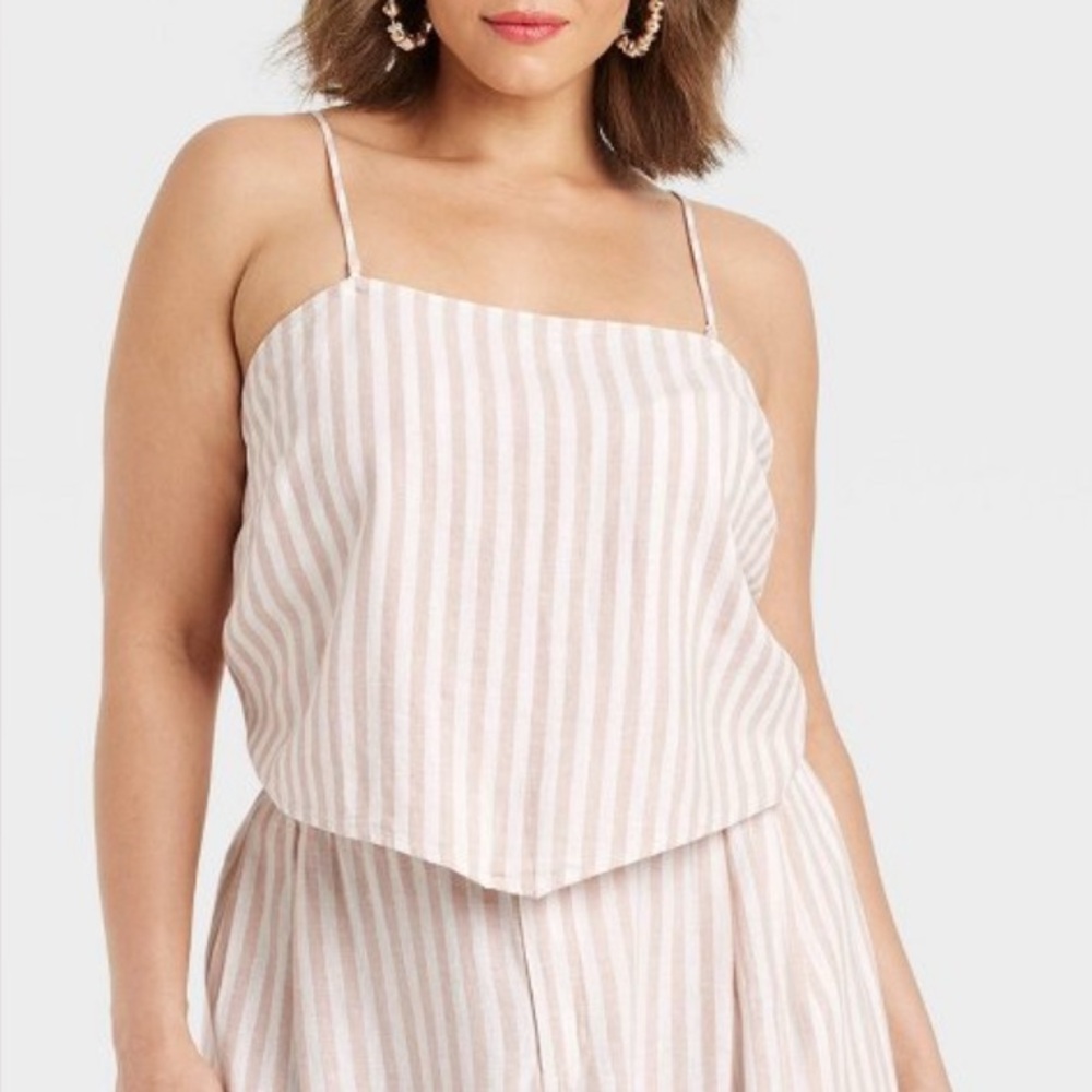 A New Day Tie Back Tank Top Linen Blend 1X Adjustable Straps Pink Cream Plus